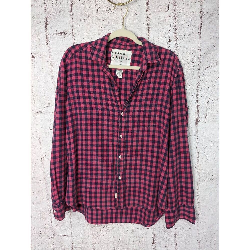 Frank & Eileen Barry Cotton Pink Navy Gingham Print Button Down Shirt L Large